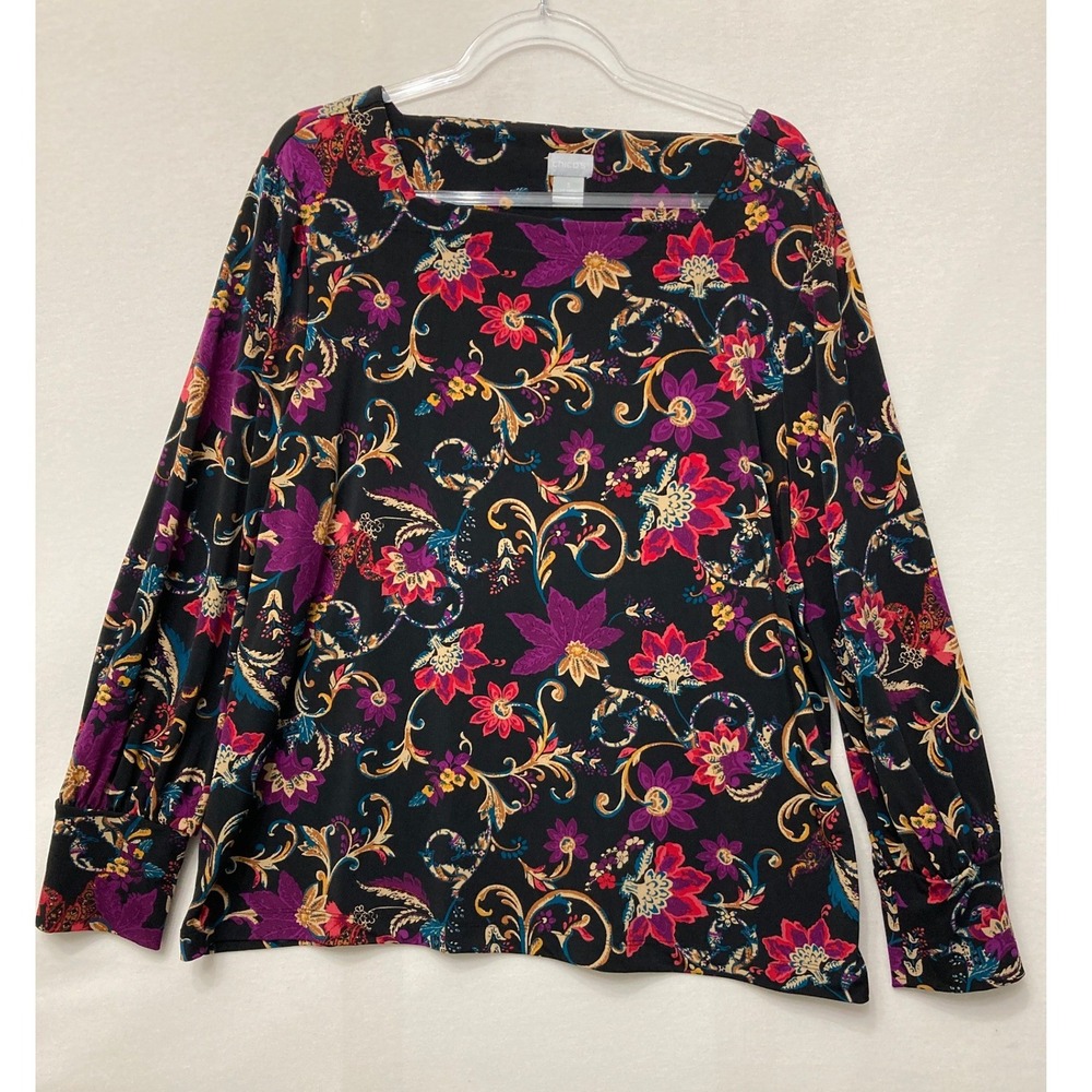Chico's Floral Blouse size XL/3 Black Multi Artsy Long Sleeve Boat Neck Stretch
